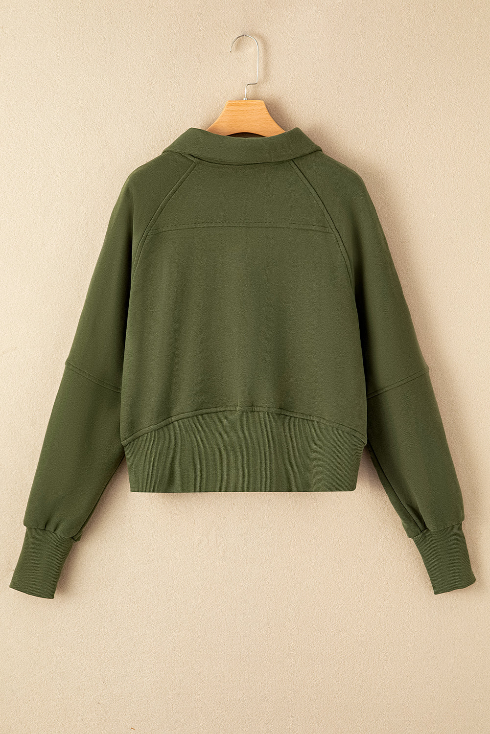 Green Zip Up Stand Collar Ribbed Thumbhole Sleeve Sweatshirt