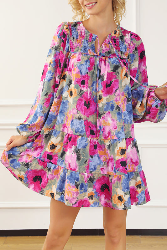 Multicolour Floral Tie Neck Neck Bubble Shift Robe