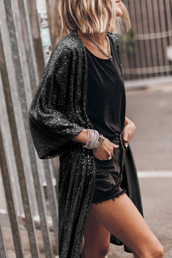 Black sequined kimono, 3/4 sleeves, open front