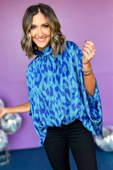 High Caftan Blue with Animal Print and Detail with rising collar