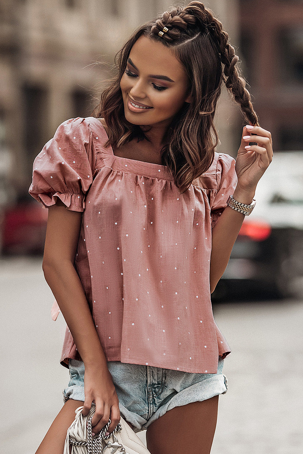 Pink Square Neck Dotted Print Puff Sleeve Blouse with Tie Back