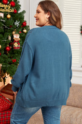 Open Knit Cardigan with V-Neck and Button Front, Dropped Shoulders, Plus Size, Teal