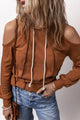 Cinnamon Exposed Seam Drawstring Off-Shoulder Hoodie