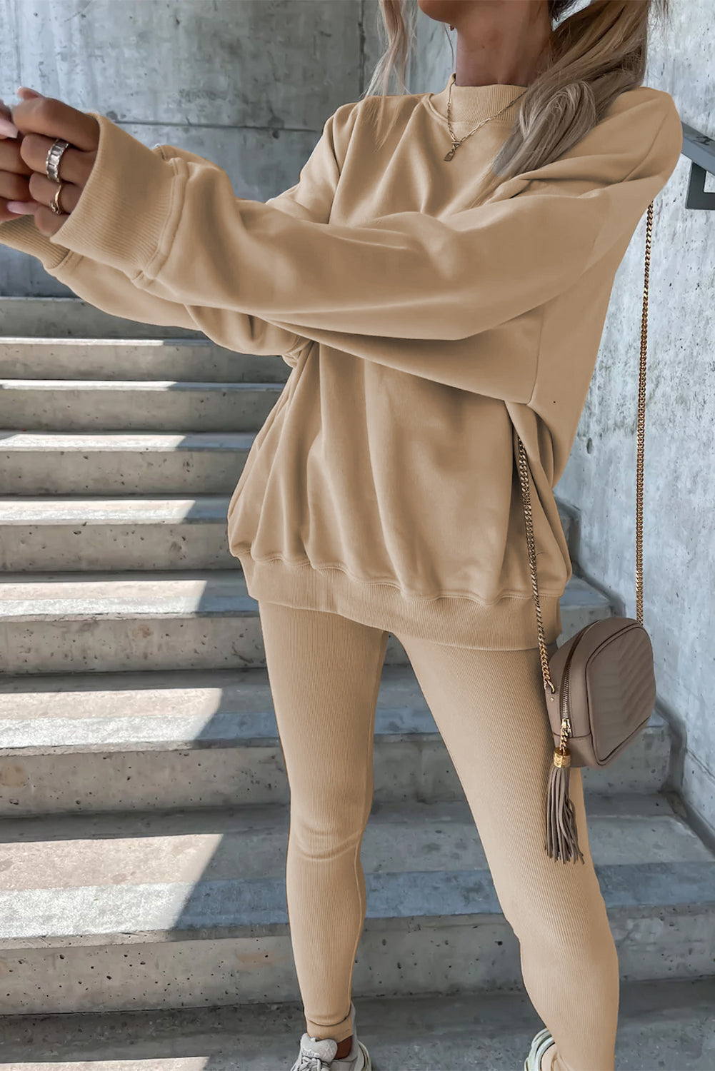 BEIGE Solid Seltshirt e leggings Set da due pezzi