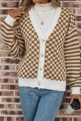 Cardigan marron à col en V boutonné et rayé à carreaux-A WOMAN WE LOVE
