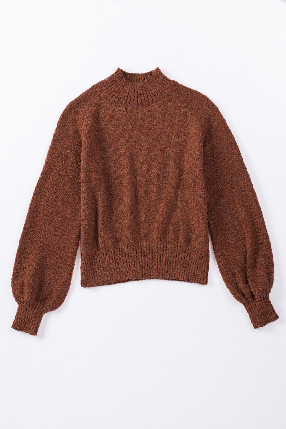 Brown Solid Color Lantern Sleeve Knitted Sweater