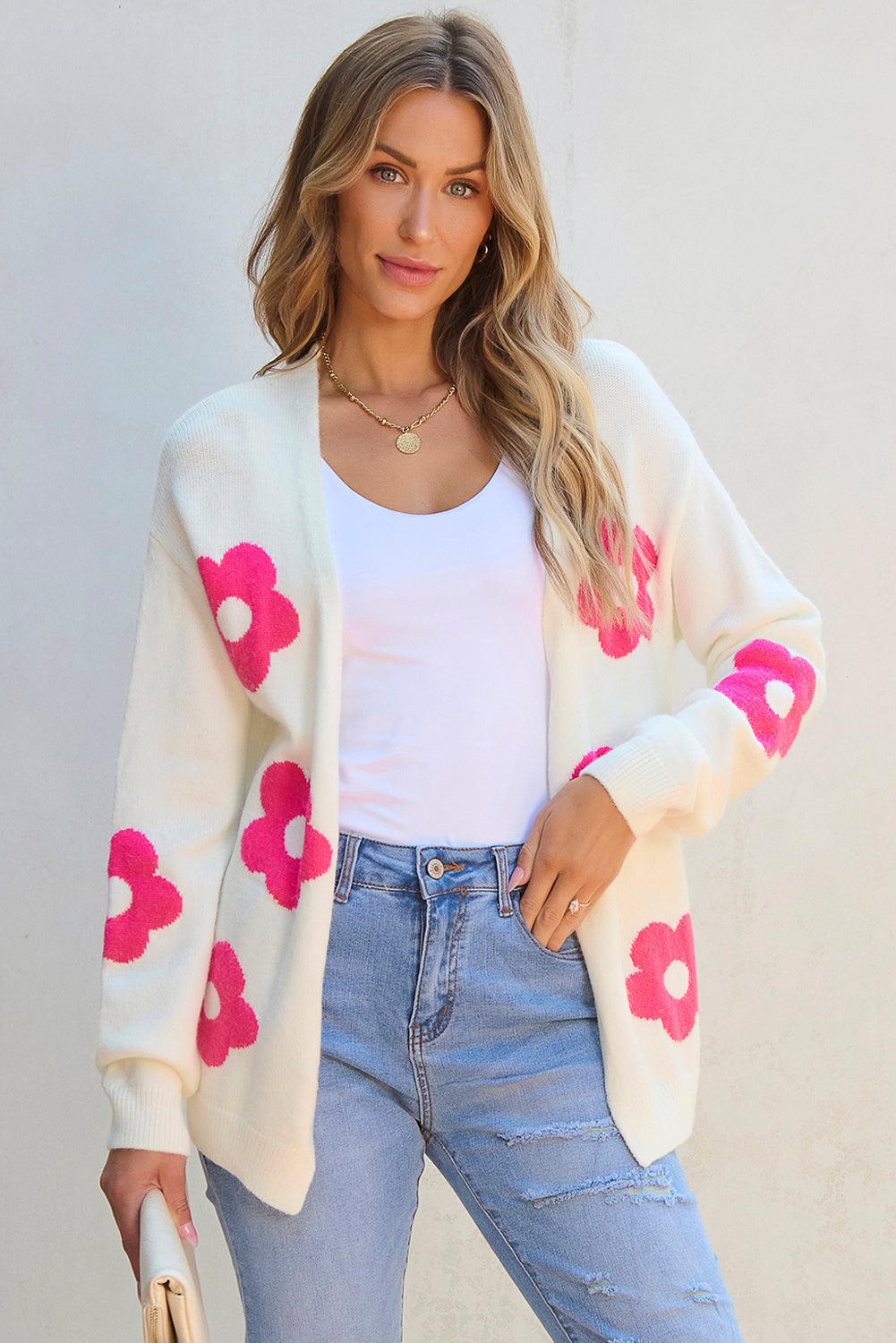 Cardigan ouvert sur le devant à motif de fleurs rouges roses