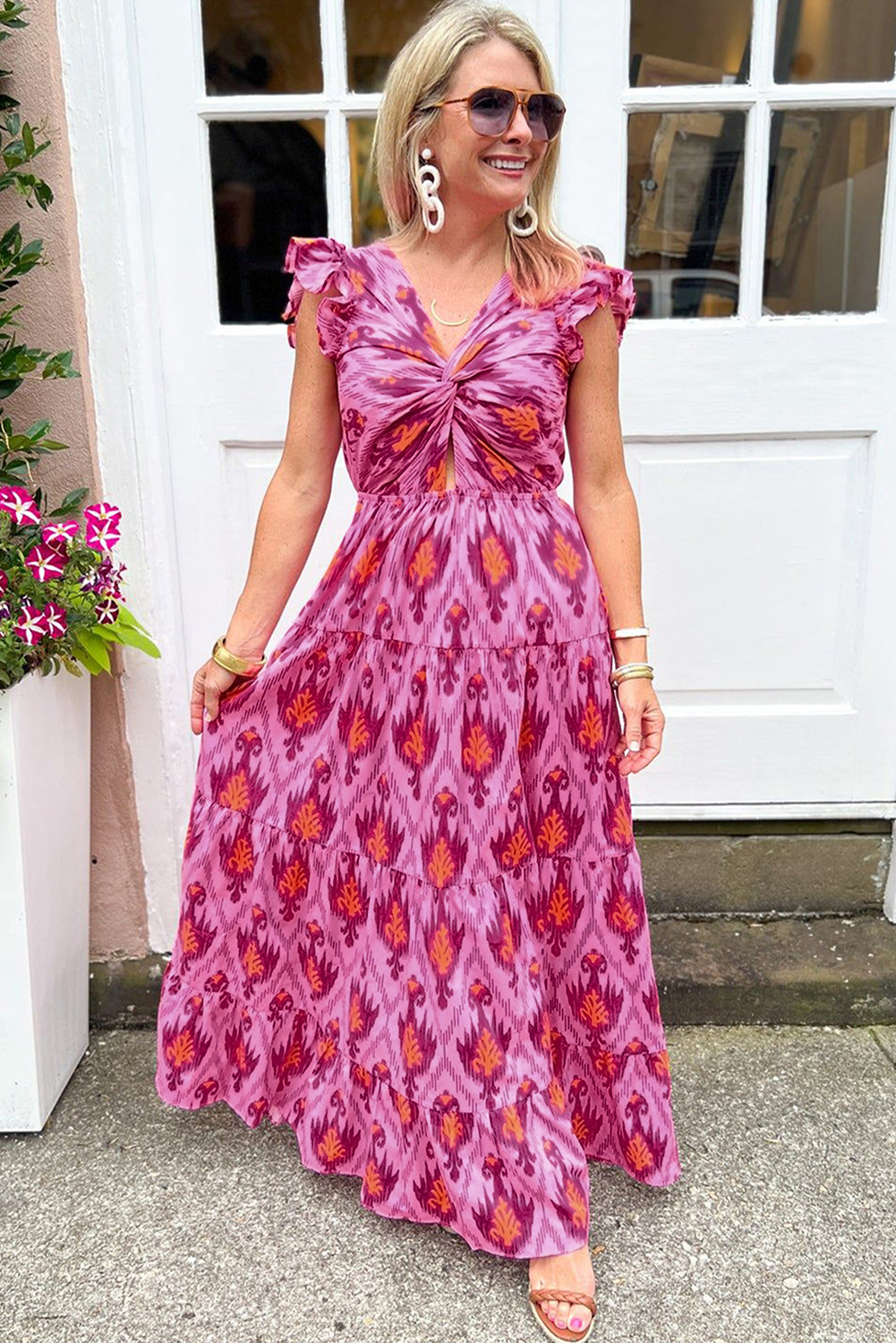 Bonbon Retro Print Twisted Front Ruffled Sleeve Maxi Dress