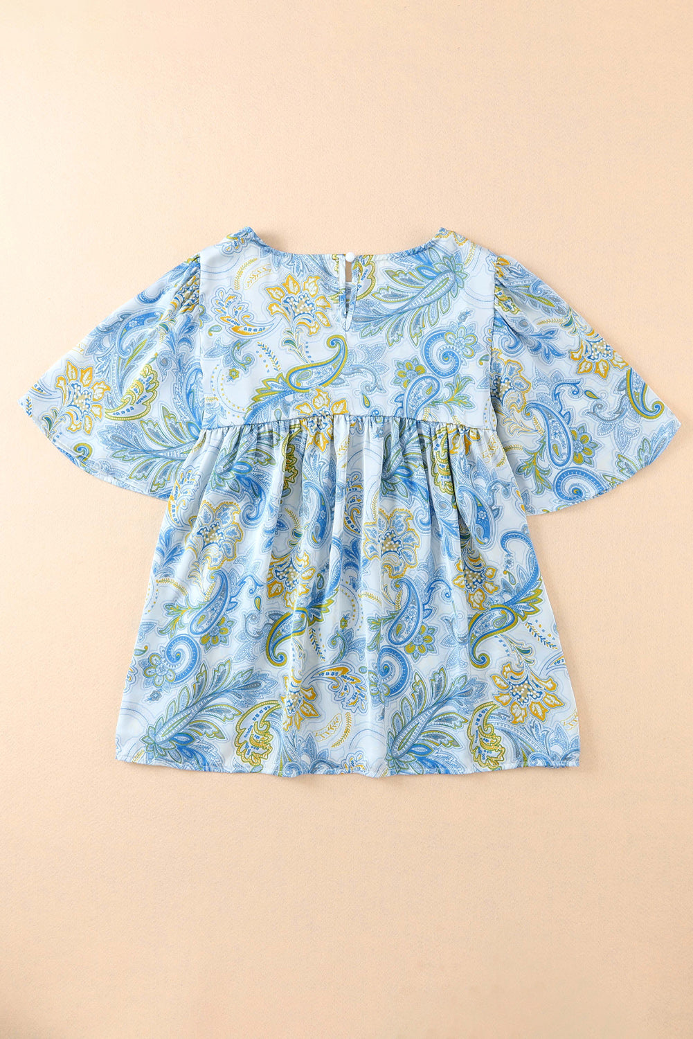 Sky Blue Paisley Print Wide Sleeves Loose Blouse