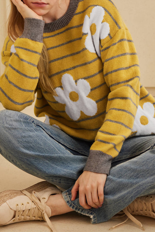 Pull col rond tricoté à fleurs et marguerites à rayures jaunes