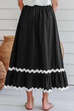 Long black high waist skirt with Ricrac and Color Block edges