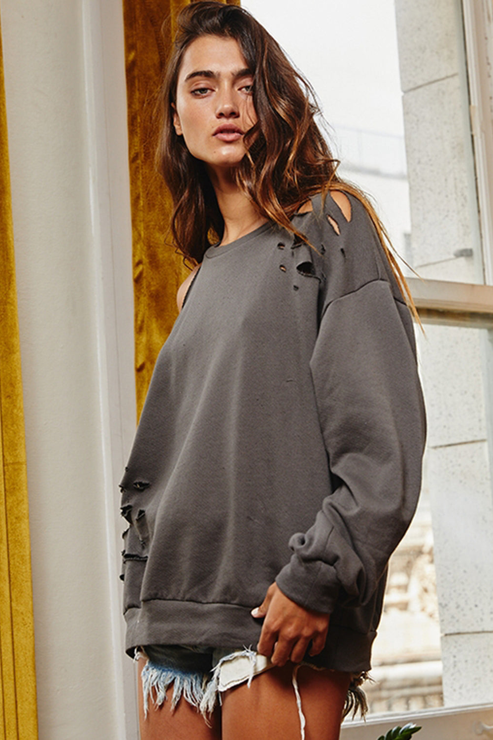 Medium Grey Distressed Asymmetric Cold Shoulder Pullover