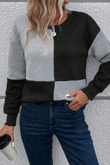 Black Textured Drop Shoulder Color Block Top