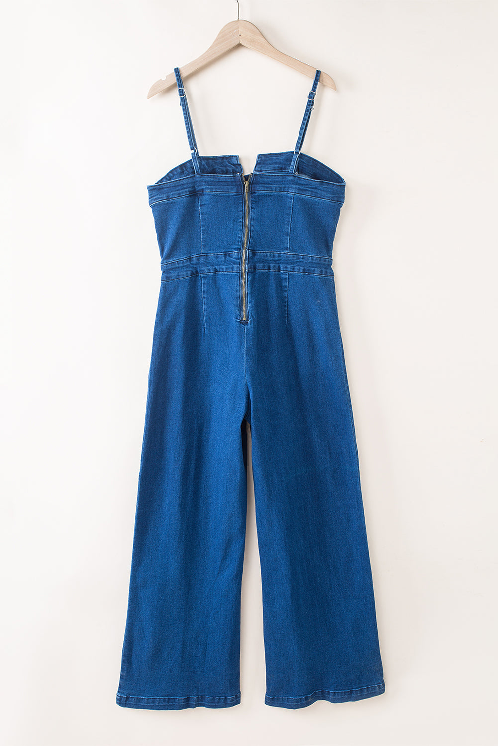 Blue Spaghetti Stracles Notch v Denim Jumps Suit