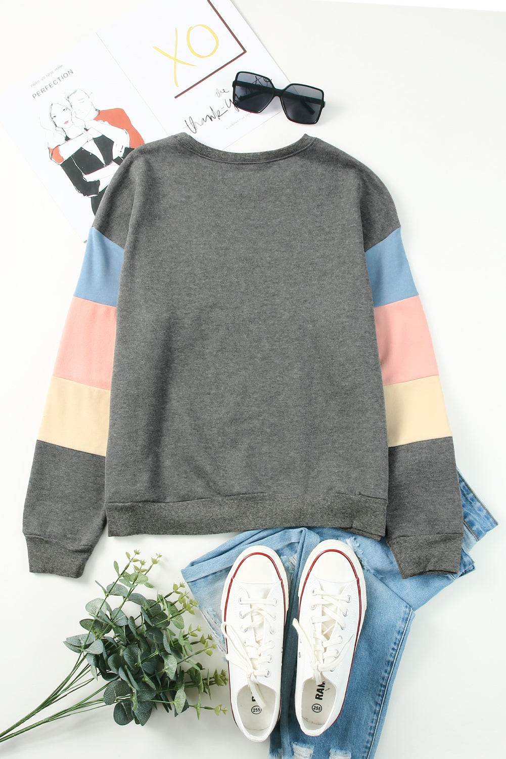 Sweat-shirt gris colorblock à manches longues