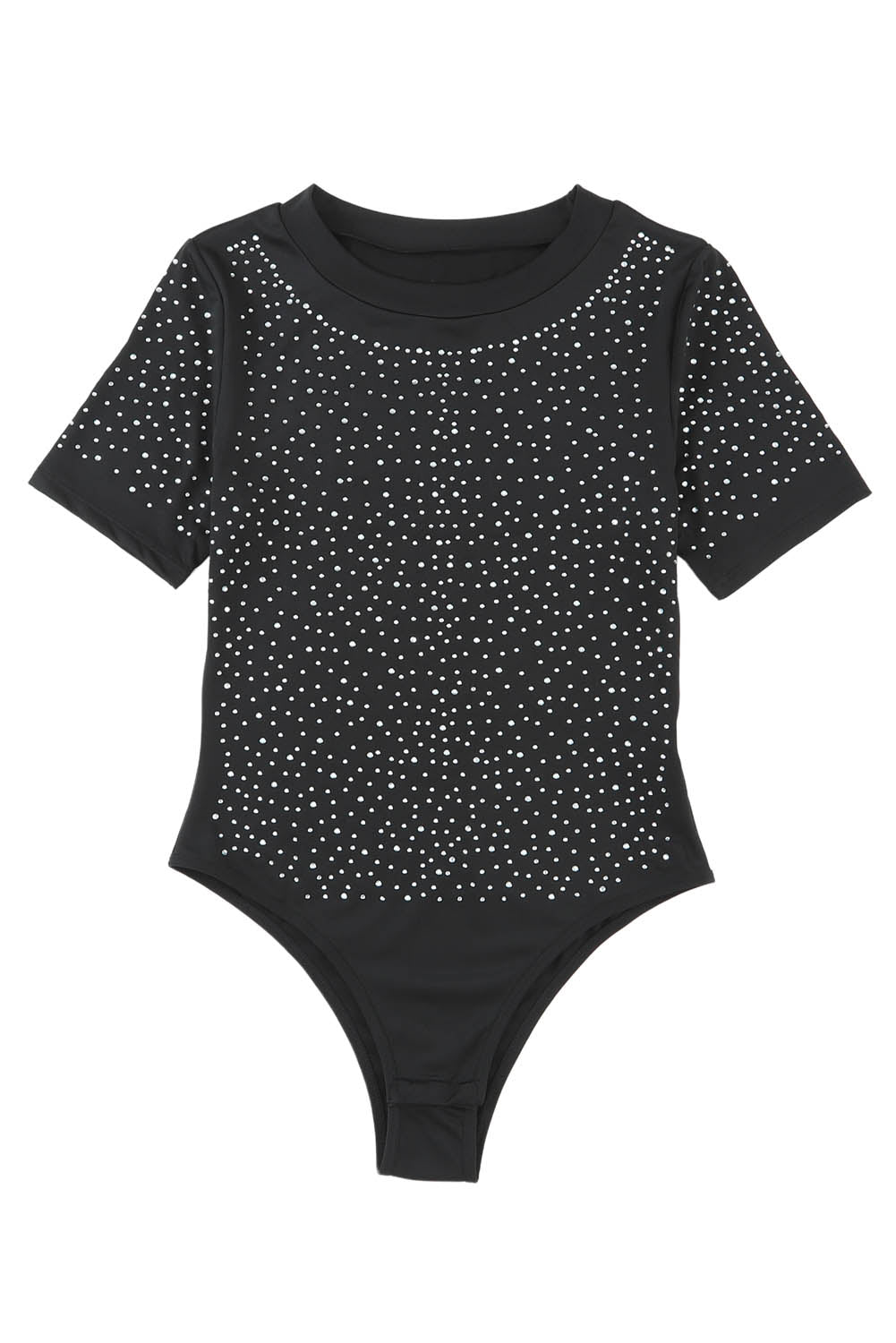 Schwarzer Strassonstone Allover Rund Neck Kurzarm Bodysuit