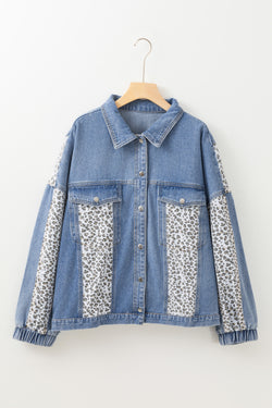 Beau Blue - Plus Size Denim Jacket with Flap Detail and Leopard Patchwork