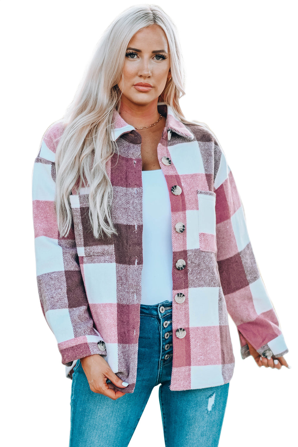 Plaid Color Block Buttoned Long Sleeve Jacket with Pocket