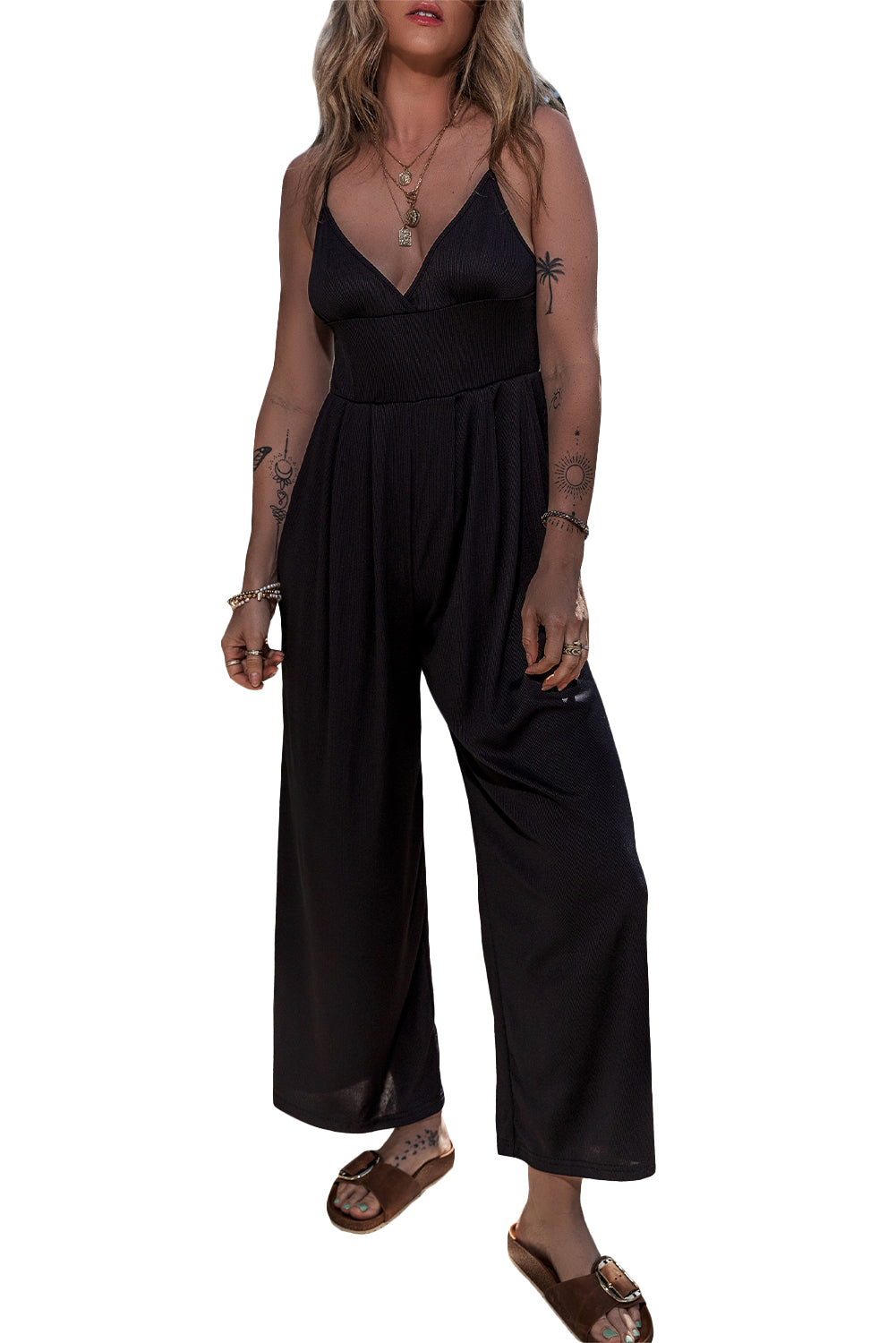 Schwarzer Weitbein hoher Taille sexy v Neck Cami Jumpsuit