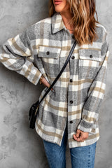 Women's jacket with pocket in brown plaid print