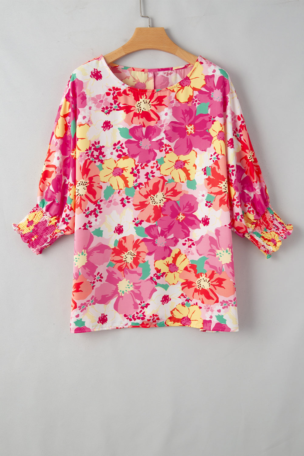 Pink Shirred Cuffs 3/4 Sleeve Floral Blouse