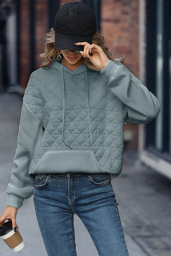 Light Grey Quilted Drop Shoulder Patchwork Kangaroo Pocket Hoodie