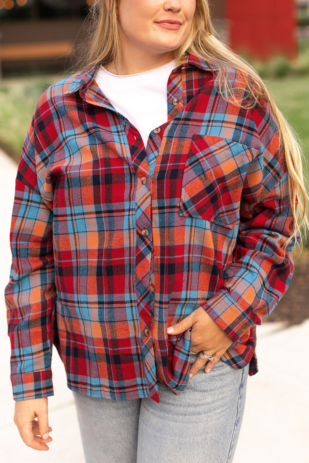 Chemise Boutonnée Imprimée à Carreaux Rouge Grande Taille