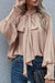 Khaki blouse with ruffles and flared sleeves with an upright and knotted collar