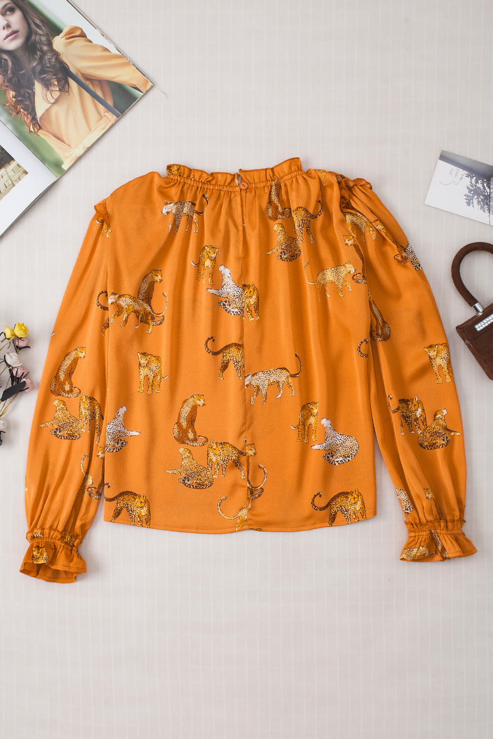 Blouse à manches à volants imprimées orange guépard