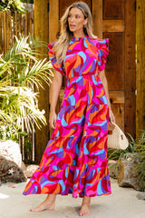 Robe Longue Imprimée Abstraite à Volants *