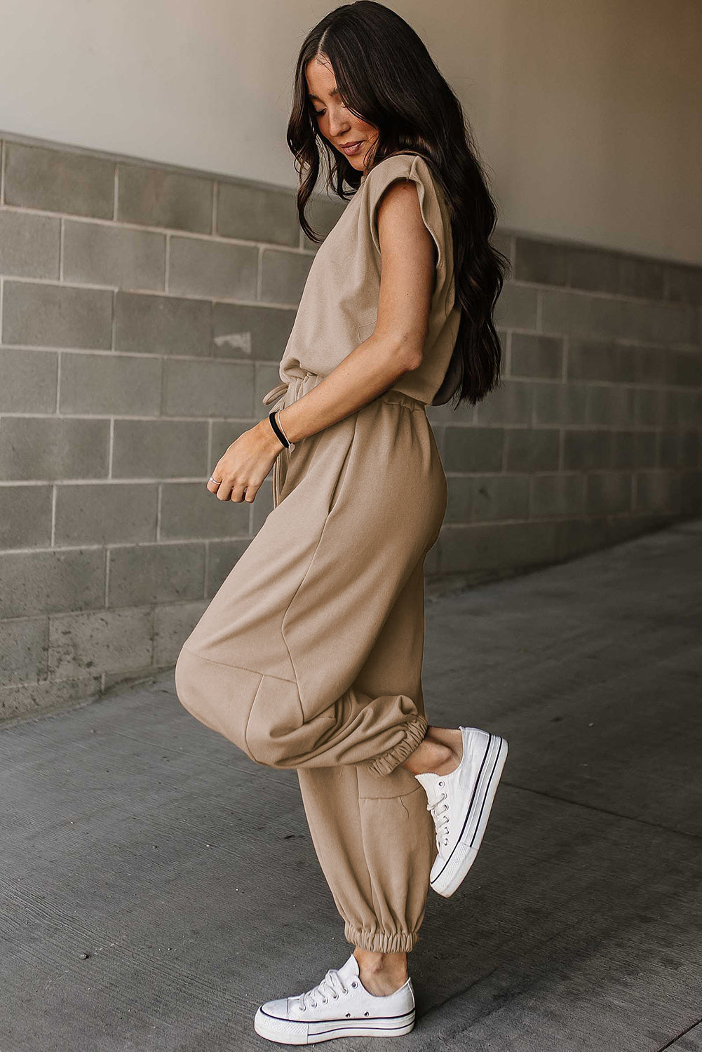 Light French Beige Tap Mange Apen Back Drawstring Jogger Jogger