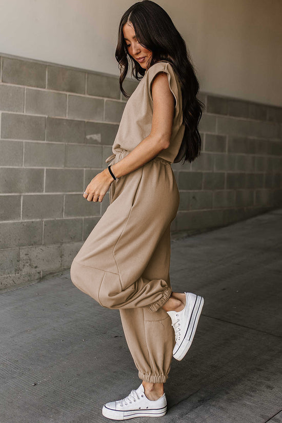 Light beige French cap sleeve open back drawstring jogging suit