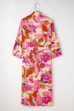 Pink floral print open front kimono with belt