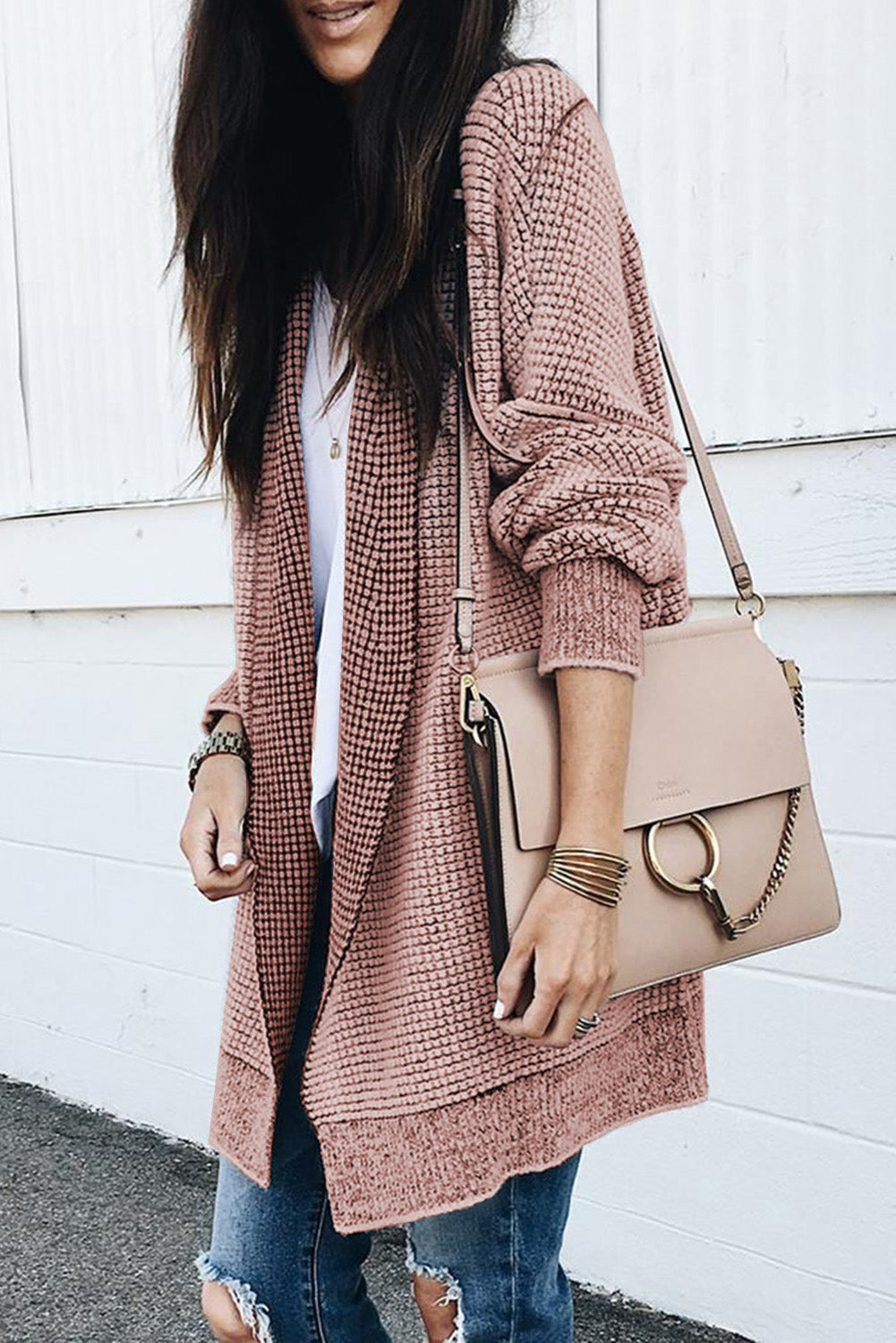 Pink Plaid Open Front Long Knitted Cardigan