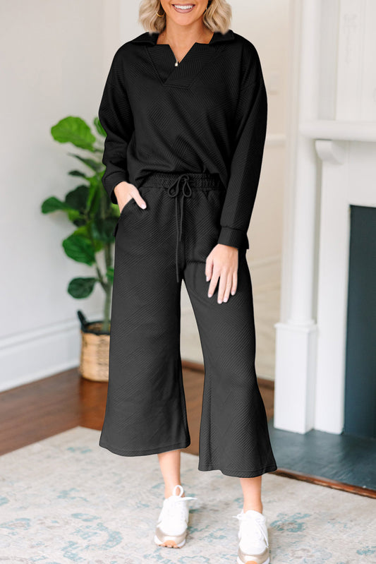 Black Textured Solid V-Neck Top and Wide Leg Pants Set