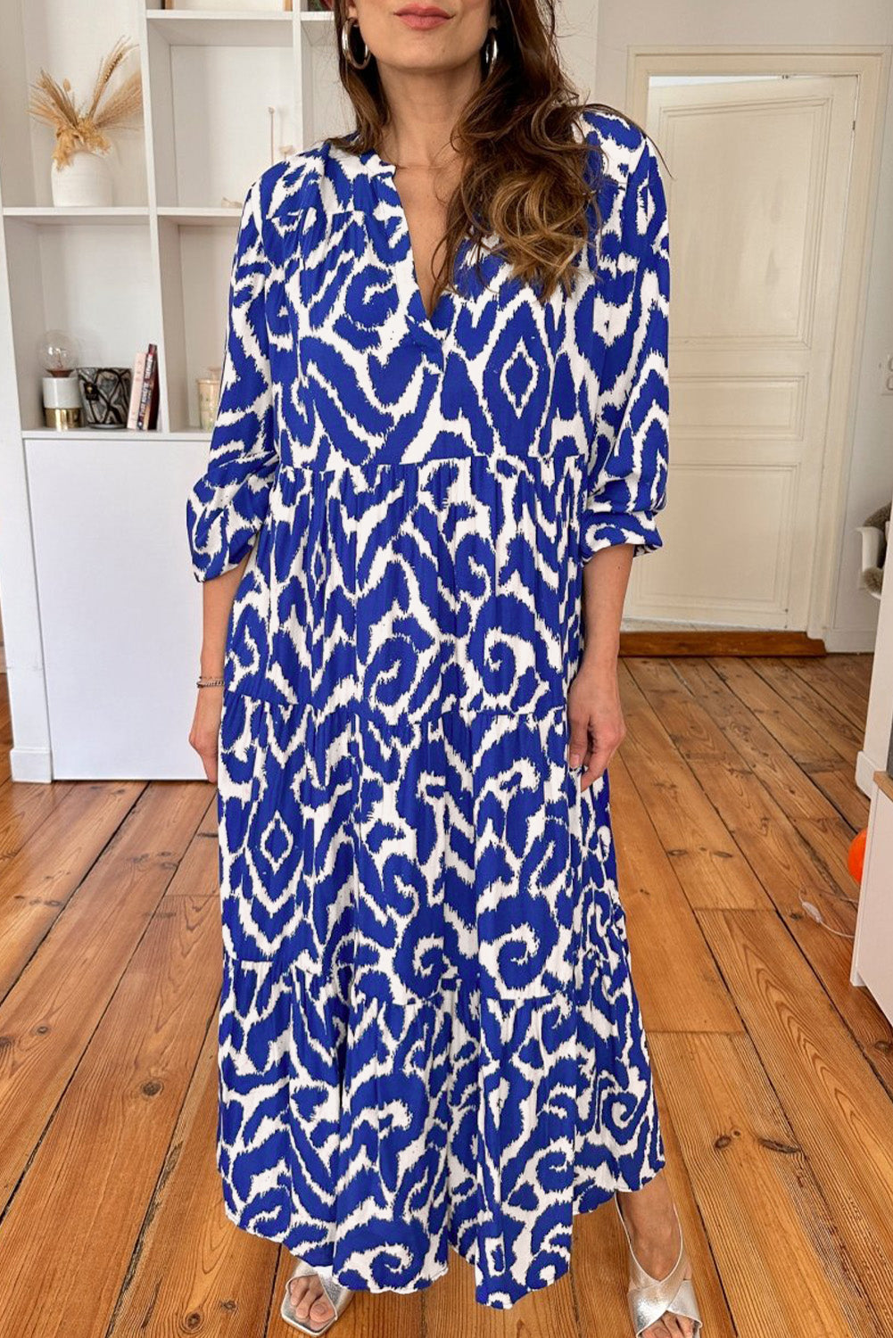 Long blue dress with abstract geometric print western