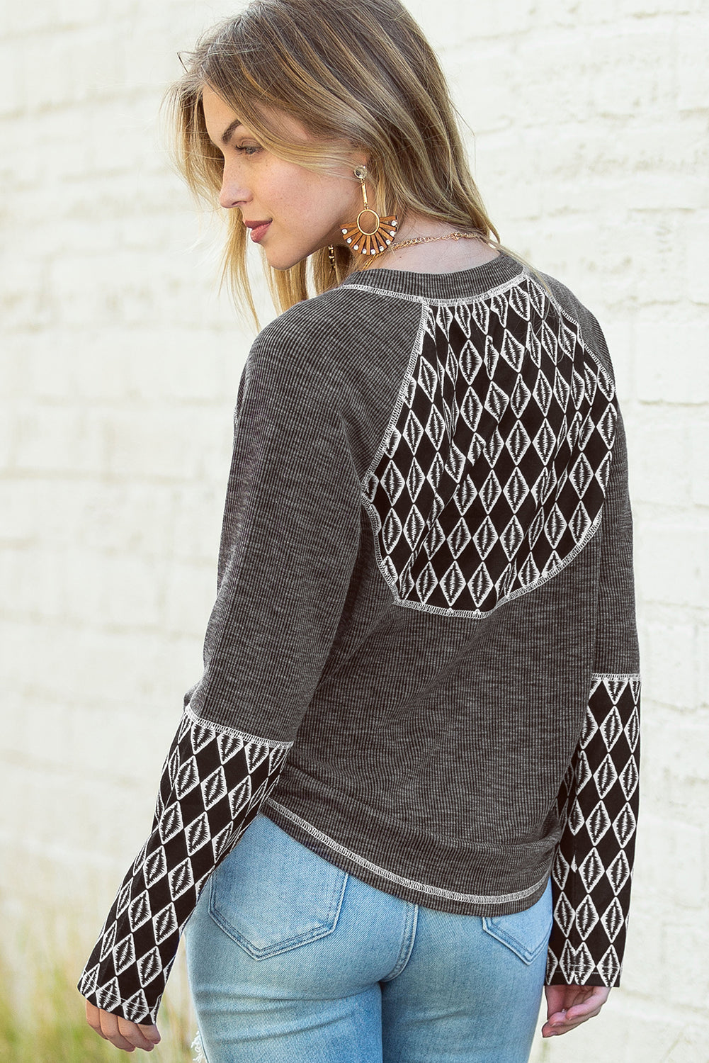 Gray Aztec Patchwork Ribbed Long Sleeve Top