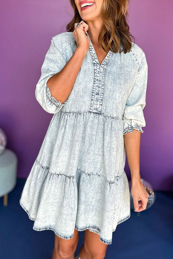 Retro Mid Sleeve Acid Wash Flare Denim Dress in Dusk Blue