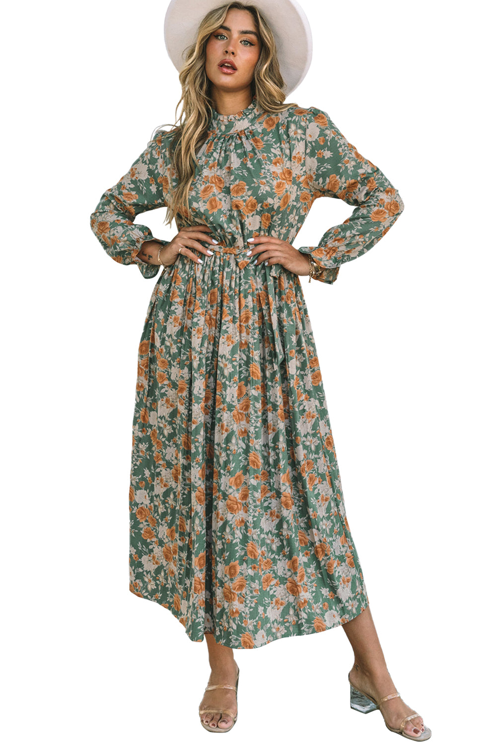 Green Pleated Floral Long Sleeve Maxi Dress with Tie