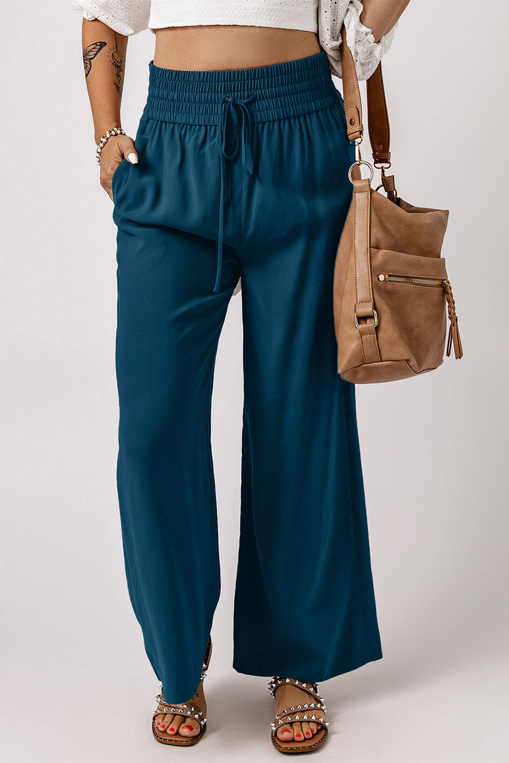 Pantalones anchos casuales con cintura elástica con cordón azul