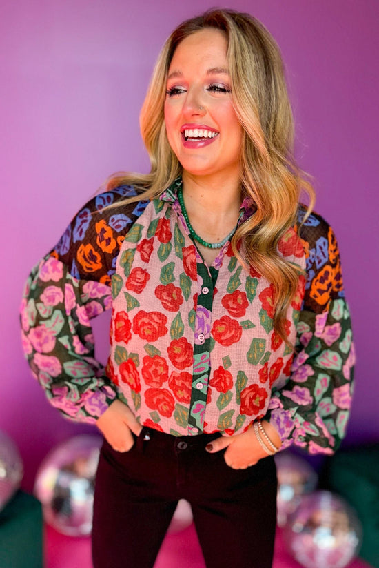 Red shirt with puffy sleeves and floral print color block