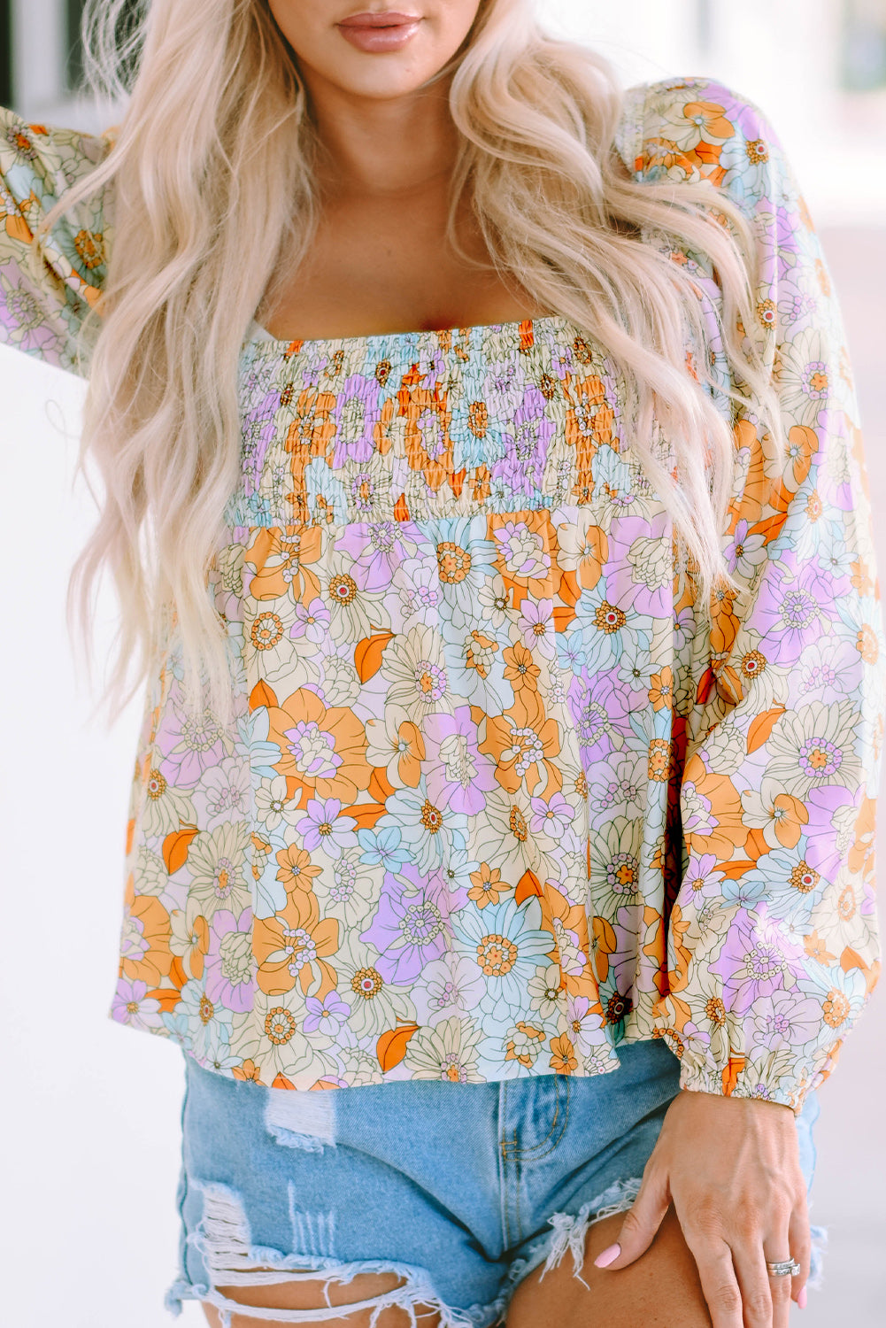 Multicolor Floral Square Neck Puff Sleeve Babydoll Blouse