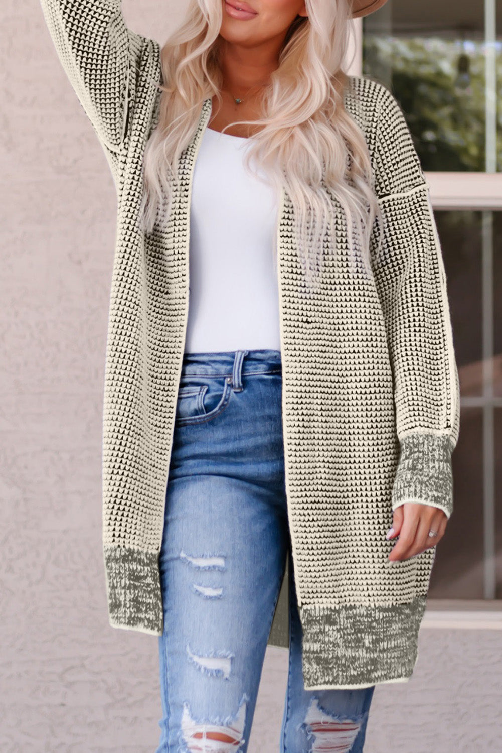 Cardigan long tricoté à carreaux abricot ouvert sur le devant-A WOMAN WE LOVE
