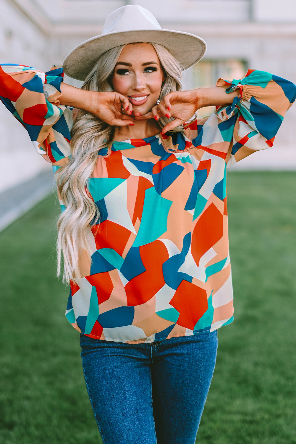 Multicolore Abstract Pattern Crewnack Clewle Sholeve Blouse