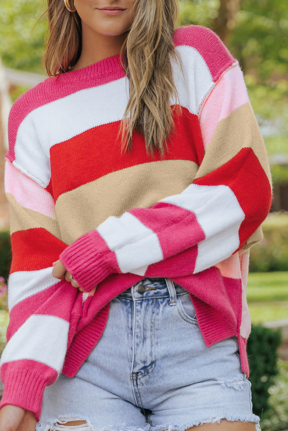 Bright Red Horizon Mixed Stripe Batwing Sleeve Sweater