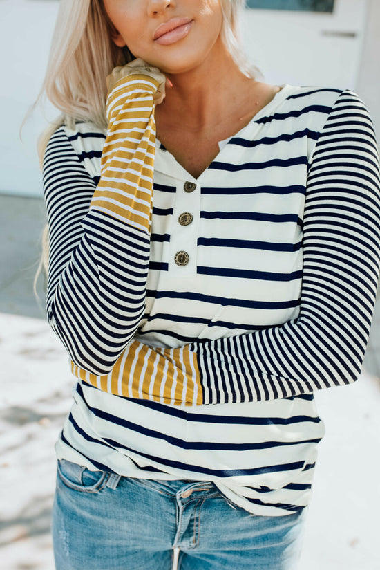 High Henley Striped button and long sleeves