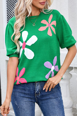 Short sleeve sweater with bright green floral bubbles