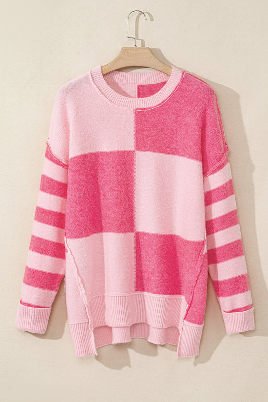 Large pink sweater for a low -low striped color block