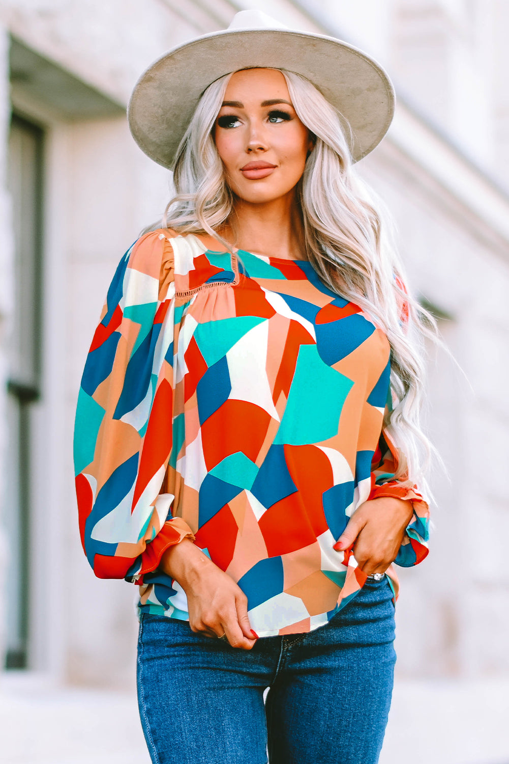 Multicolore Abstract Pattern Crewnack Clewle Sholeve Blouse