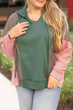 Breen Patchwork Colorblock V-Neck Plus Size Hoodie